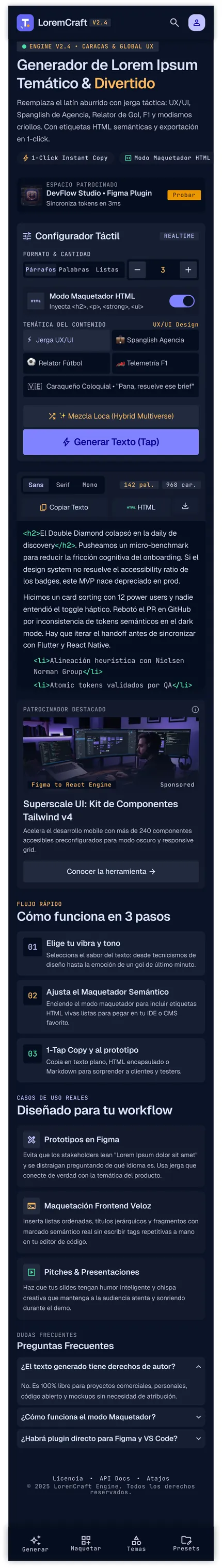 LoremCraft en el móvil