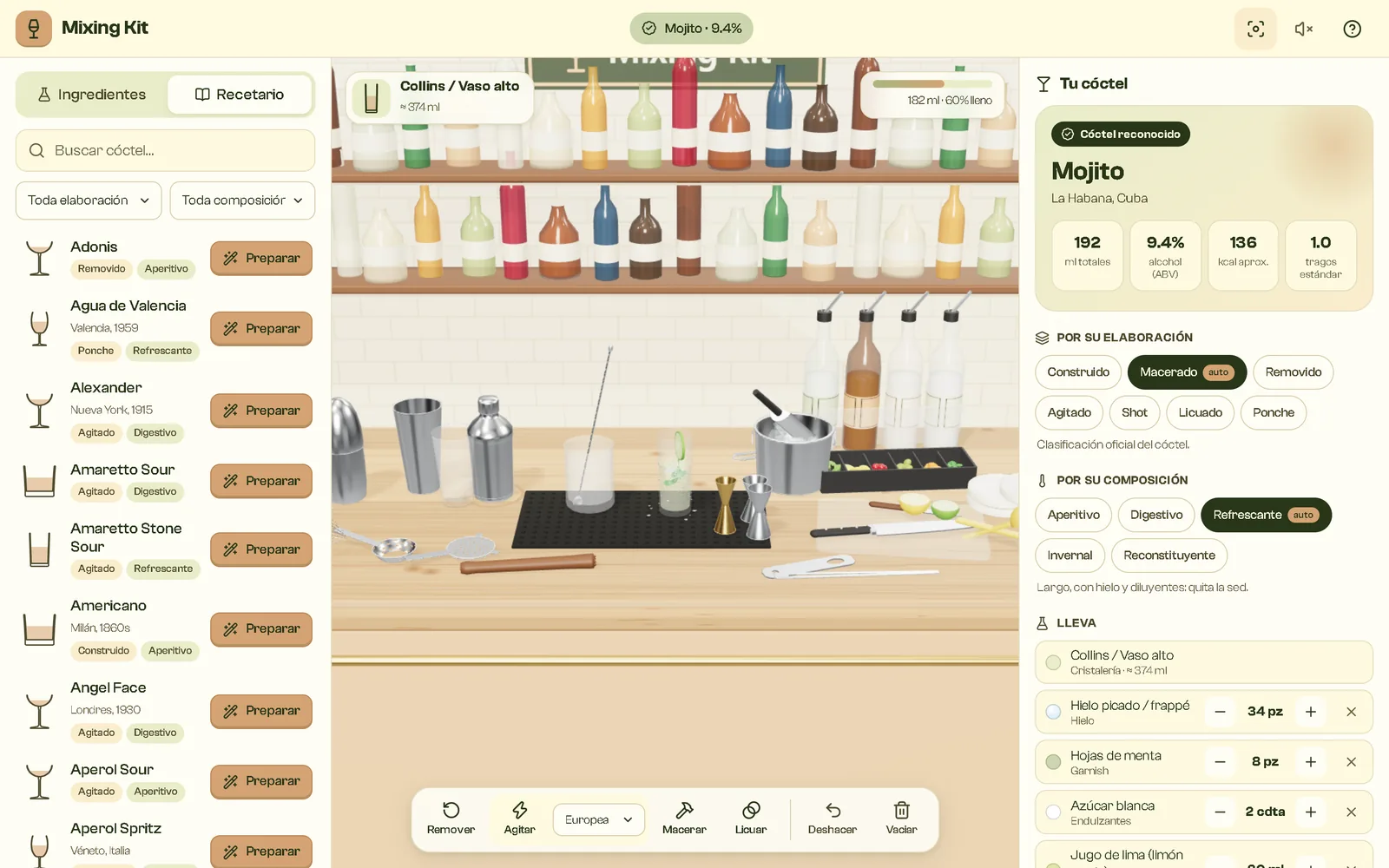 Vista de la barra completa con botellas, cocteleras y utensilios