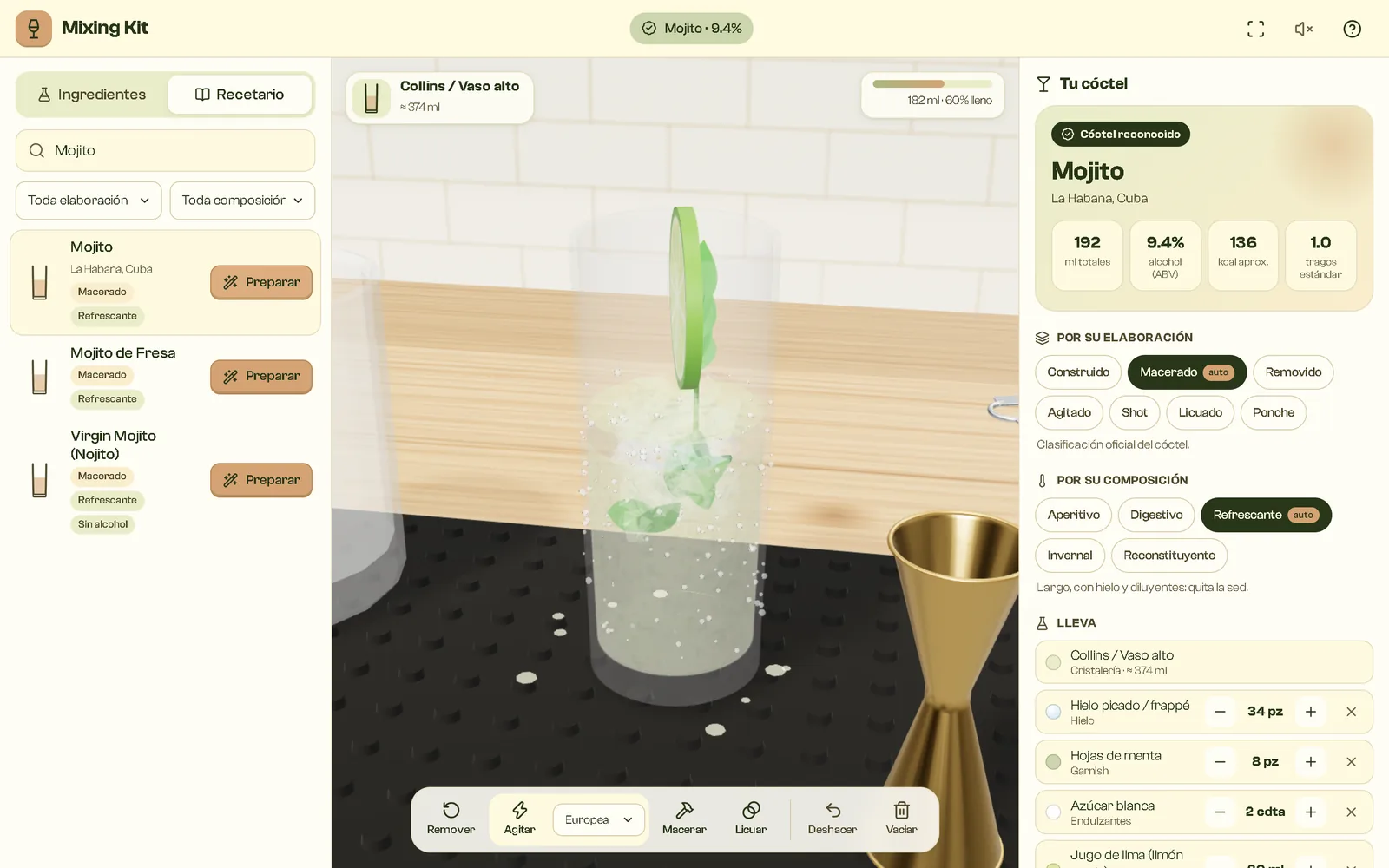 Mojito macerado con menta, lima y hielo picado