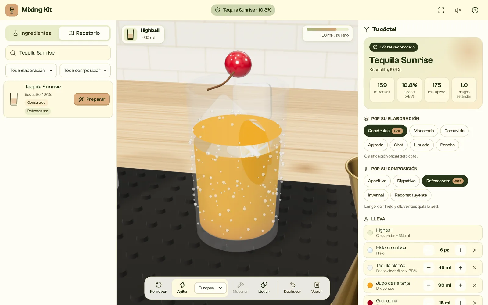Tequila Sunrise con burbujas, hielo y cereza
