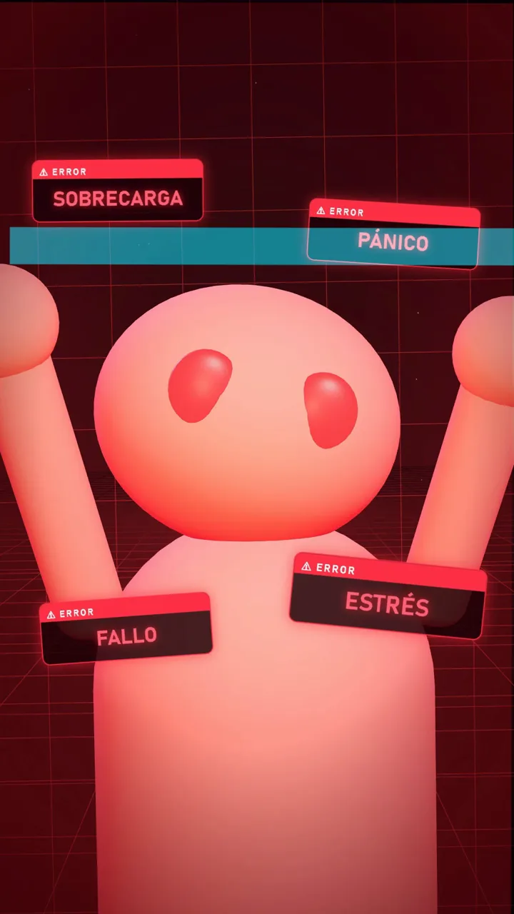 El personaje sobrecalentado con etiquetas de pánico y estrés