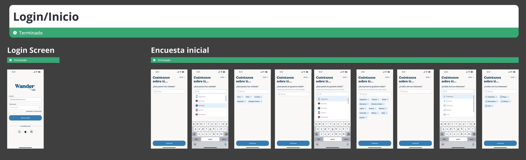 Login y encuesta inicial de Wander