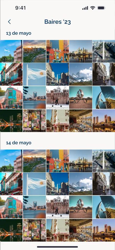 Fotos de una bitácora agrupadas por día