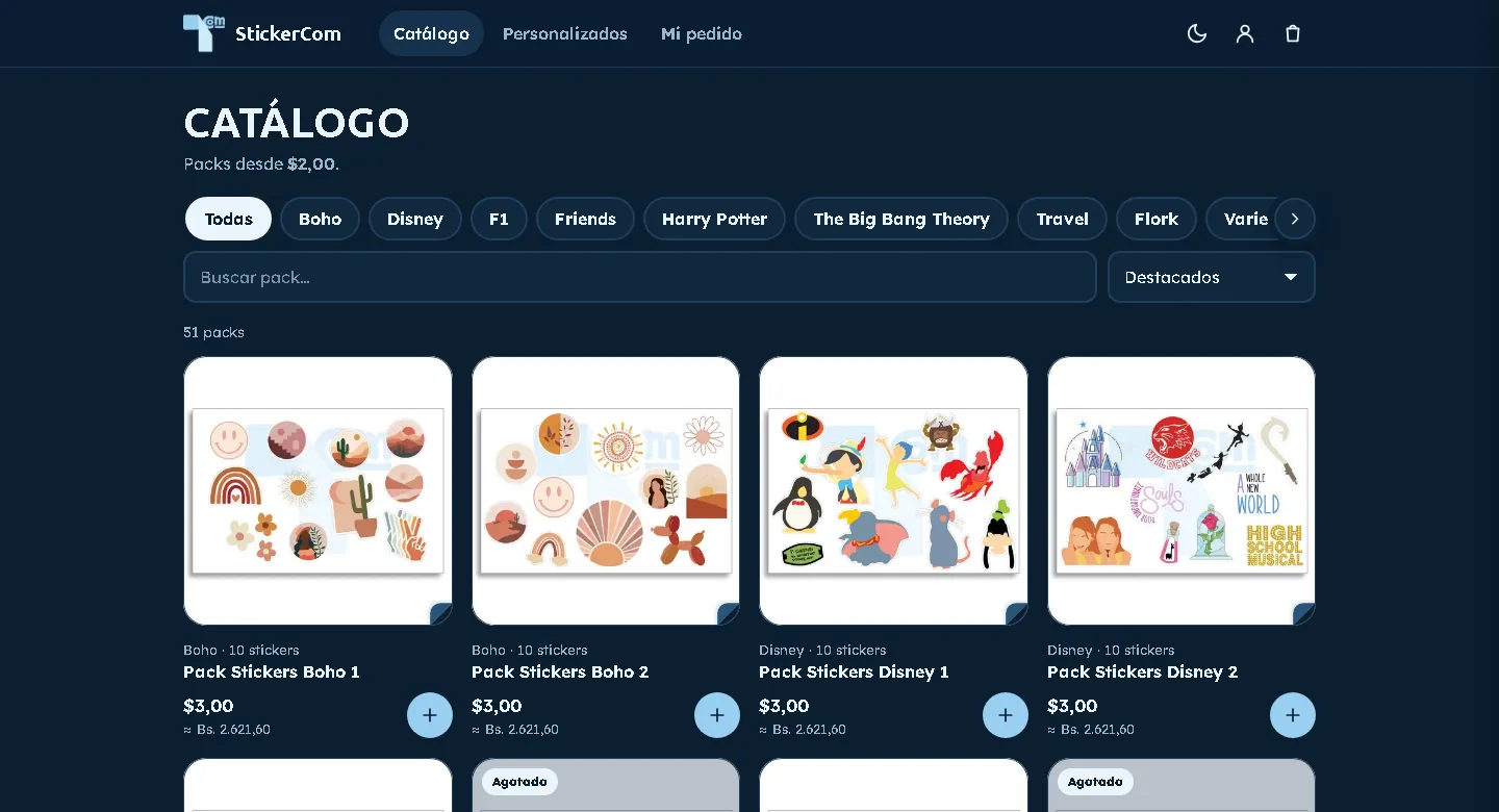 Catálogo de StickerCom con filtros por temática