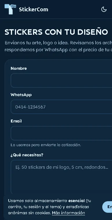 Formulario de stickers personalizados en el móvil